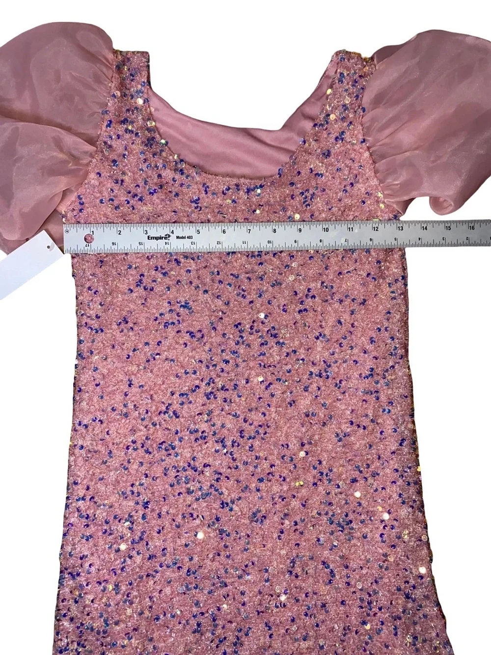 Badgley Mischka Girls Pink Sequin Sheath Dress Organza Puff Sleeve Size 12 NWT
